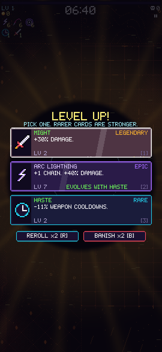 Ecranul de level up, cu trei carduri de ales