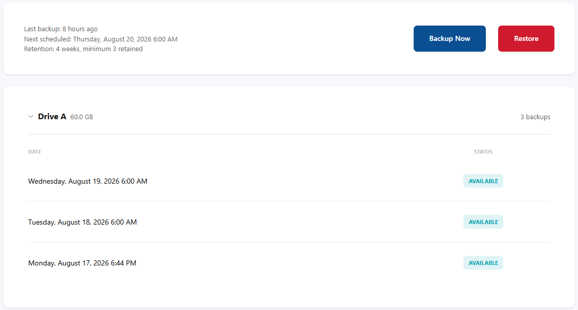 VPS backup panel: automatic daily backups, manual snapshot and one-click restore