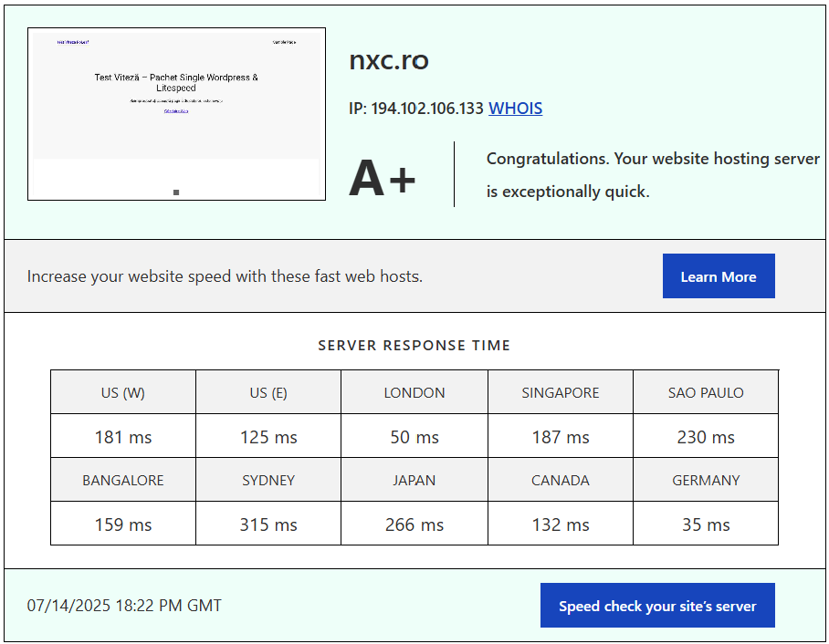 Test performanță server RoLeaf - rezultat A+ Bitcatcha